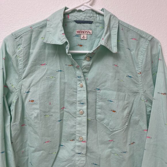 Merona Long Sleeve 1/4 Button Collared Mint Multicolor Swimmers Women's Sz Small - Picture 2 of 16